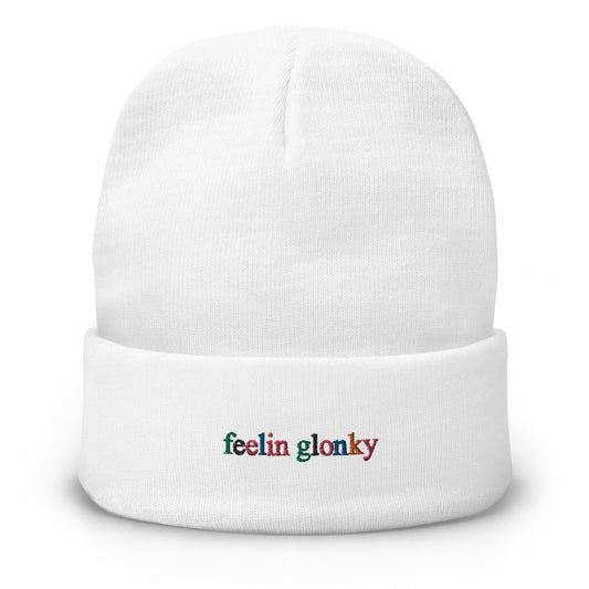 feelin glonky beanie (multi color text)